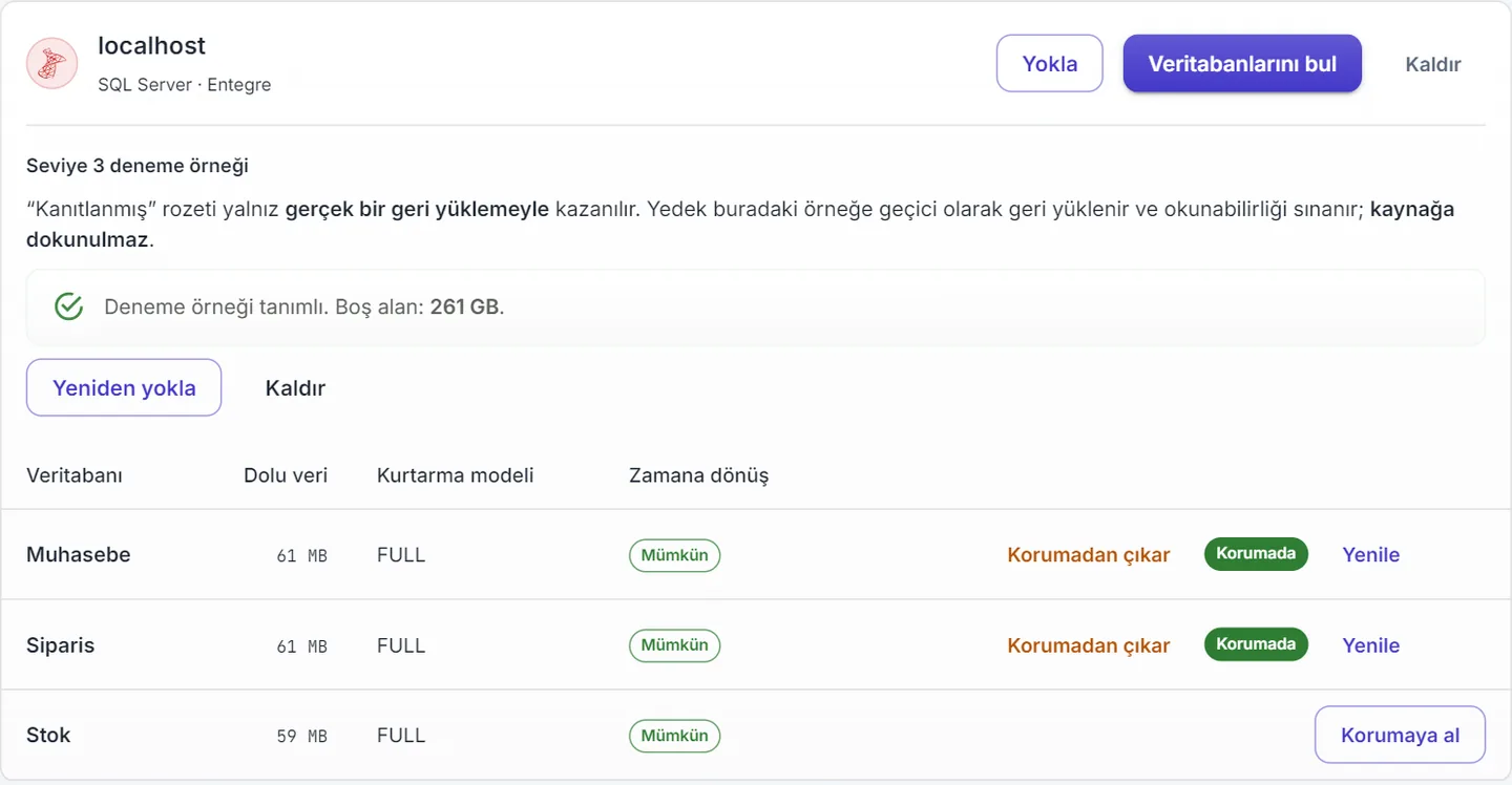 Yedek+ bağlantı ekranında SQL Server veritabanları listesi: Muhasebe ve Siparis korumada