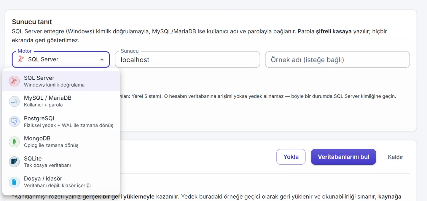Yedek+ veritabanı türü seçimi: SQL Server, MySQL/MariaDB, PostgreSQL (fiziksel yedek ve WAL ile zamana dönüş), MongoDB, SQLite, dosya/klasör